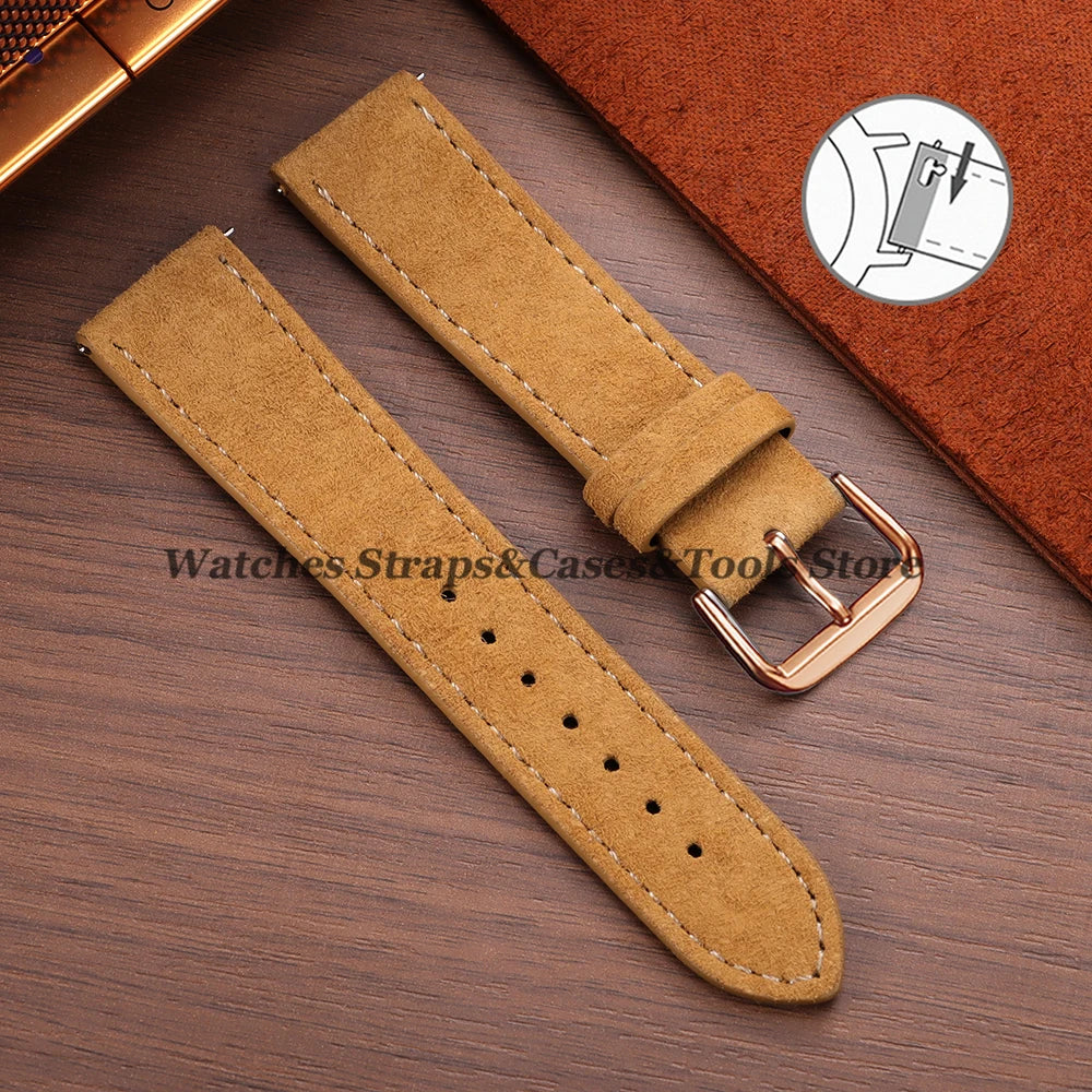 Vintage Suede Cowhide Leather Watch Strap (18–22mm, Quick Release)