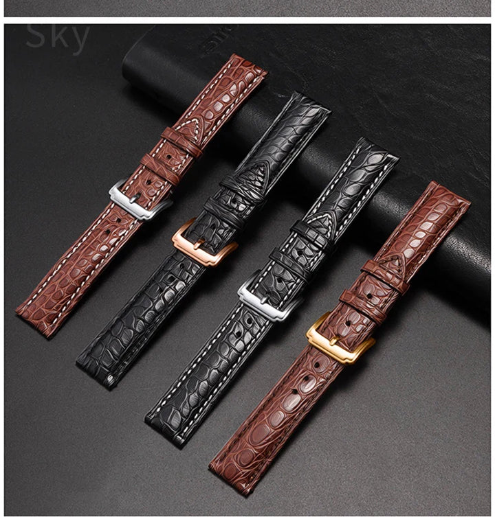 Crocodile Skin Genuine Leather Watch Band with Needle & Butterfly Buckle for