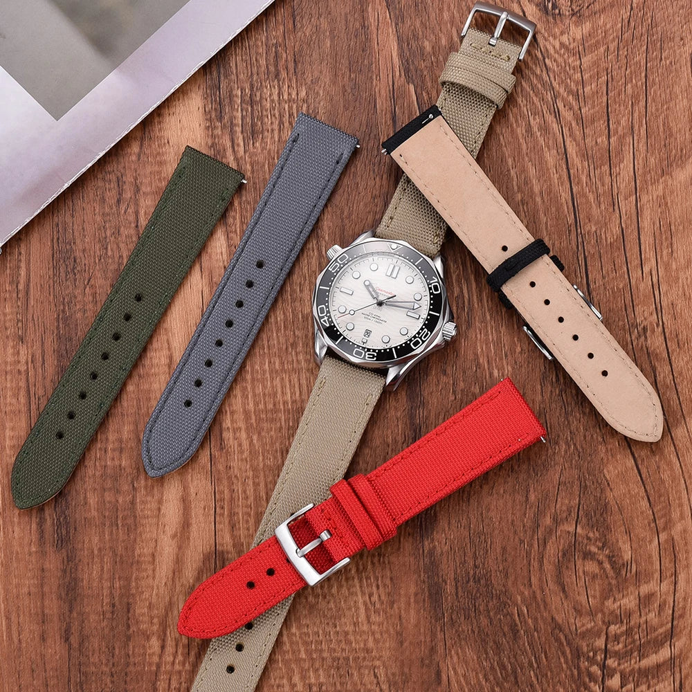 New Design Hybrid Canvas Nylon Leather Watch Strap 18mm 20mm 22mm Bracelet Quick Release Replacement Black Khaki Red Watchbands