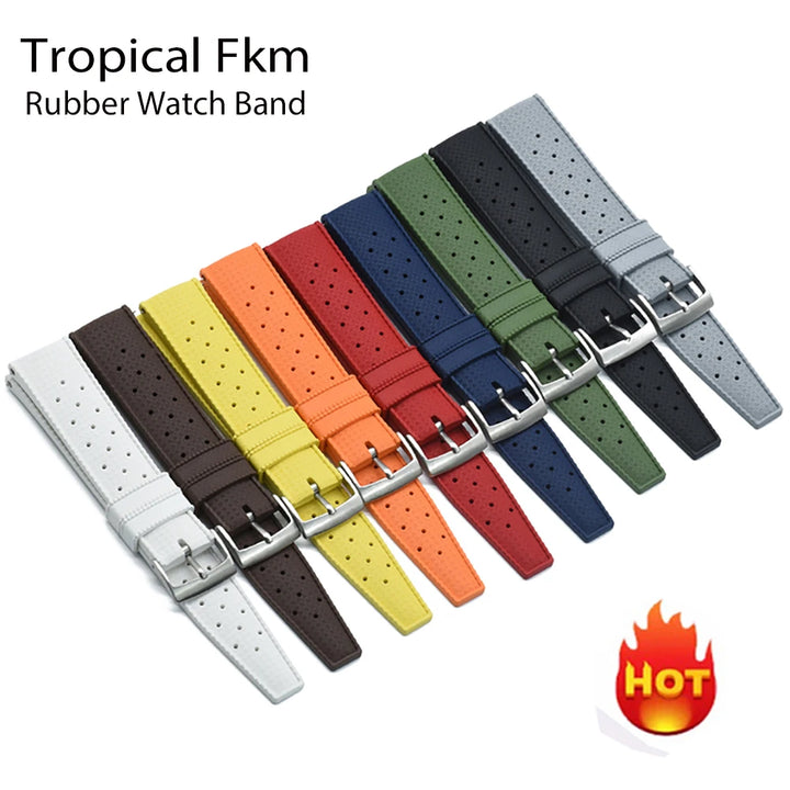 Premium Tropical FKM Rubber Straps 18mm 19mm 20mm 21mm 22mm 23mm 24mm Quick Release Perfect Fit Flat End Universal Watch Strap