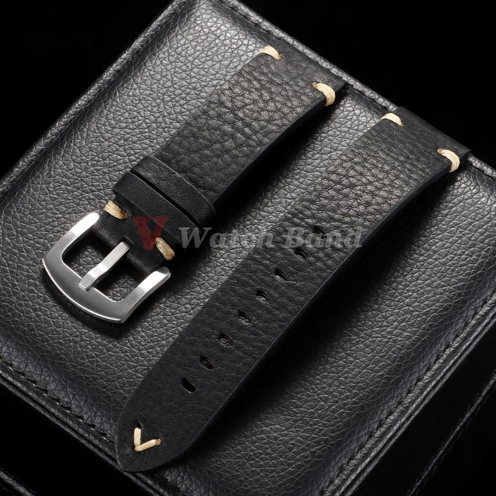 Genuine Cowhide Leather Watch Strap – 18/20/22mm, Vintage, Metal Buckle