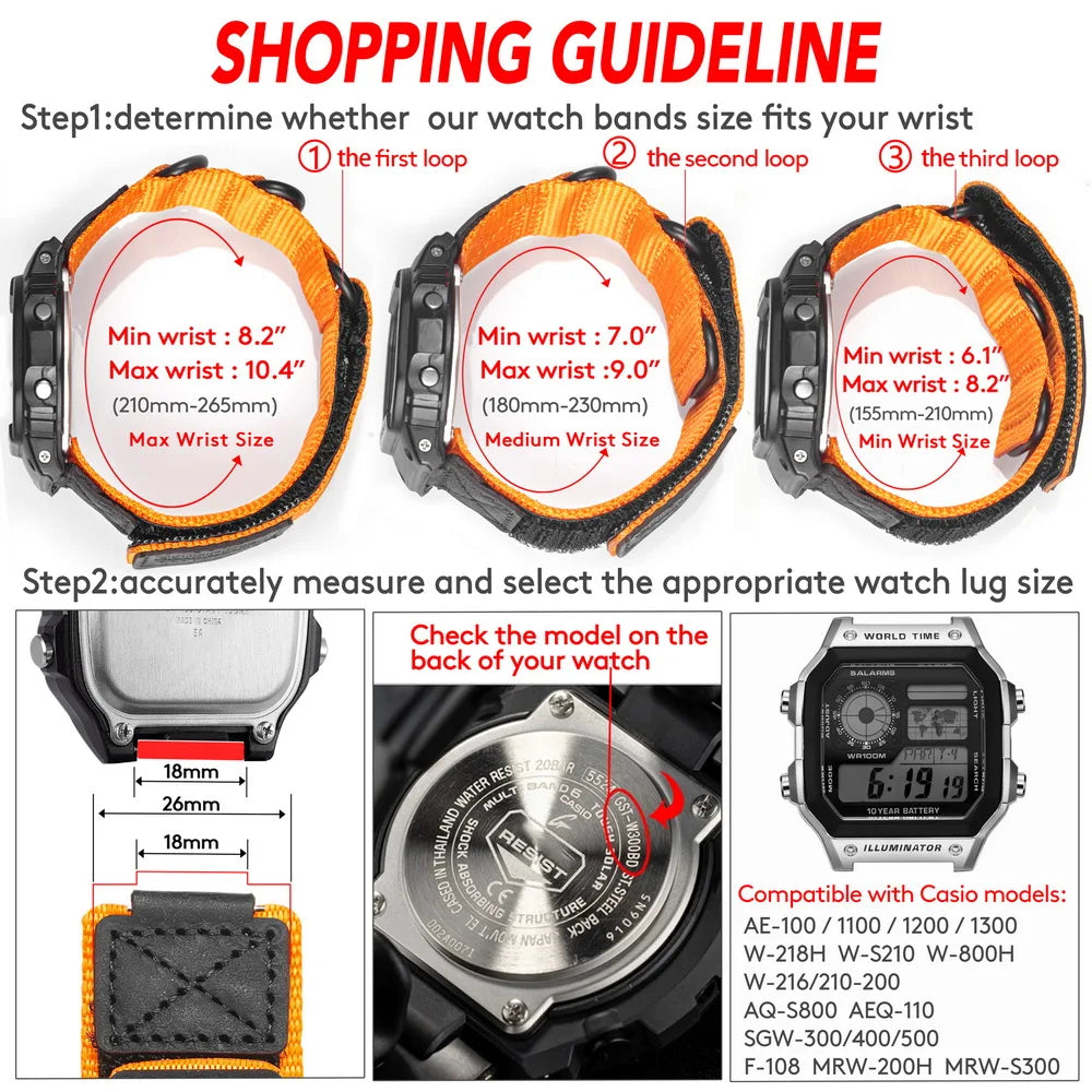 For Casio Watch Band Nylon Leather 18mm Sports Replace Straps Compotible With Gshock AE1200 /1300/W-218H
