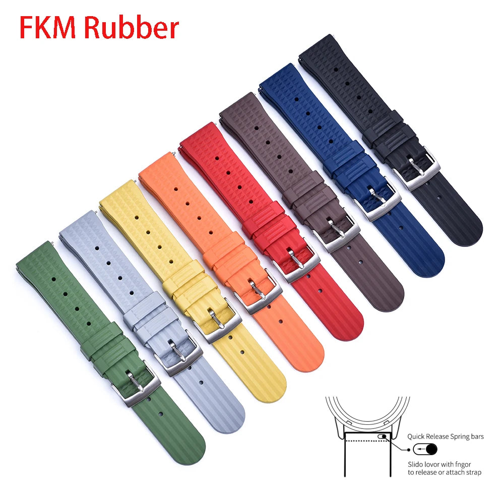 Premium Grade Waffle FKM Watch Band 20mm 22mm Quick Release Fluoro Rubber Waffle Watch Strap For Traditional Diving Watch