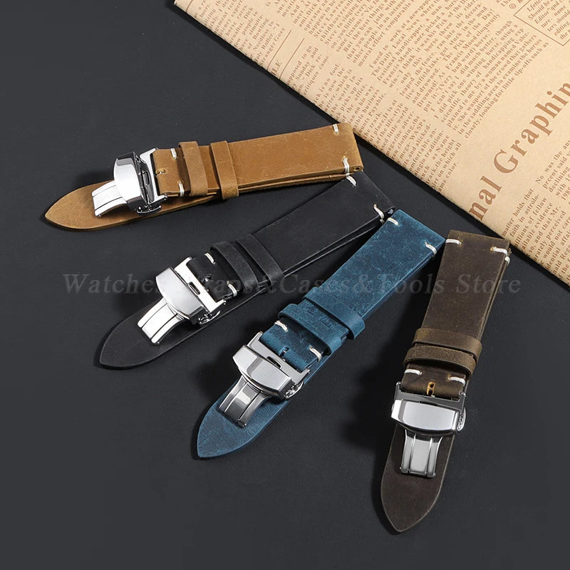 Stitching Cowhide Leather Watch Strap – 18–24mm, Vintage Brown, Butterfly Buckle