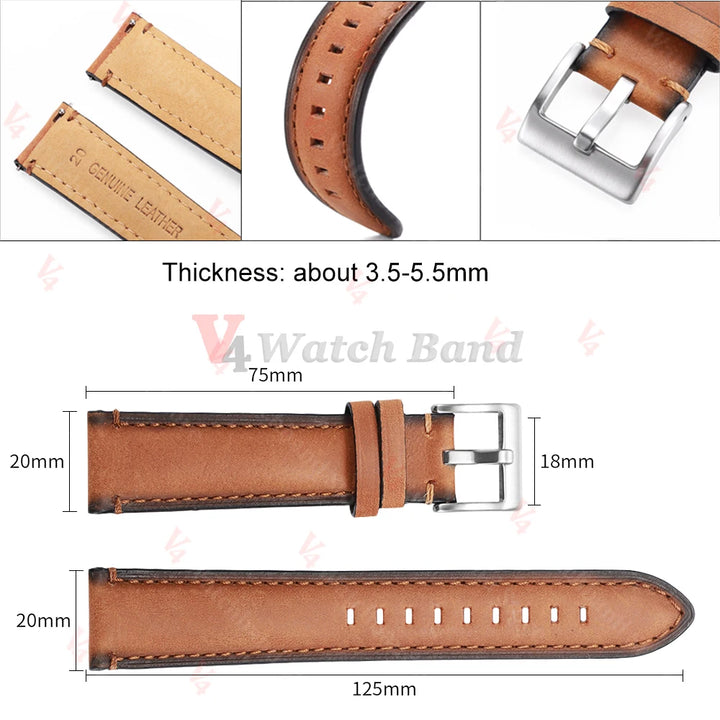 Cowhide Leather Watch Band 20–24mm for Fossil & Samsung (Brown, Quick Release)