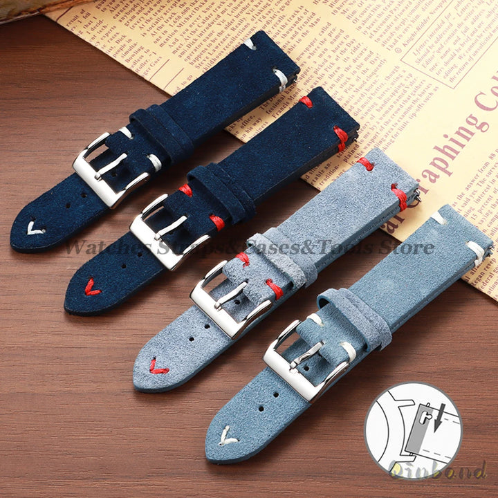 Suede Leather Vintage Watch Strap – 18/20/22mm, Blue Quick-Release