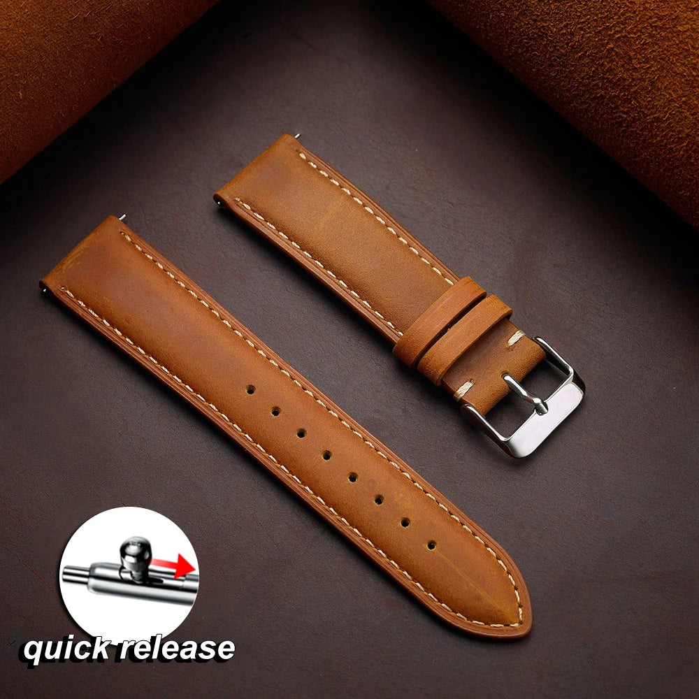 Vintage Dark Brown Cowhide Leather Watch Strap (14–24mm, Quick Release)