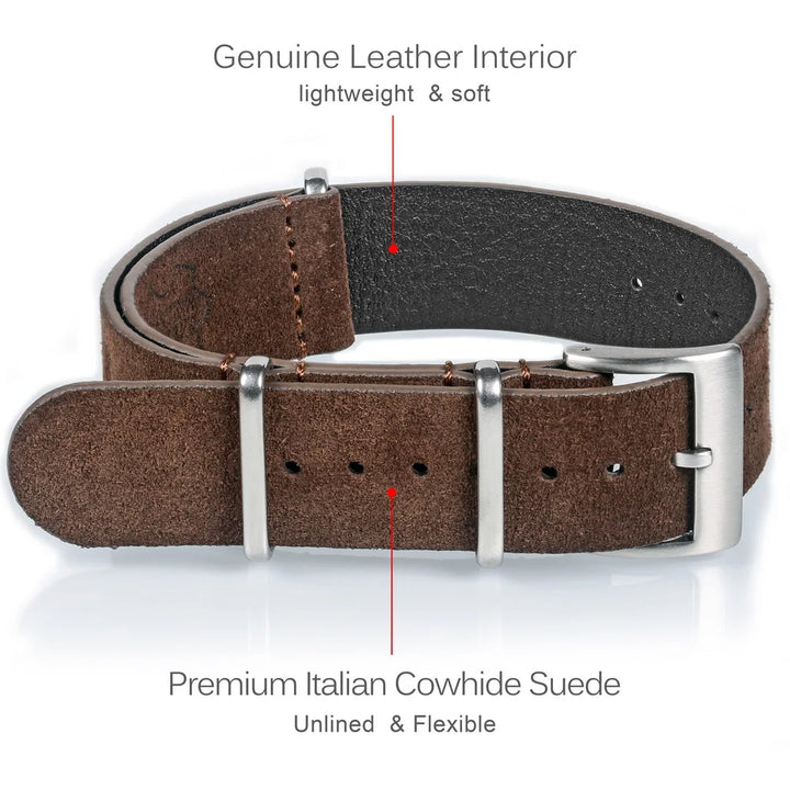 HEMSUT Genuine Suede Leather One-Piece Watch Strap 18-22mm Vintage Military Style