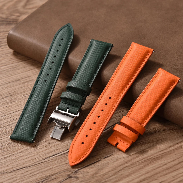 FKM Rubber Leather Watch Band 18/19/20/22mm Quick Release Sailcloth Leather Strap Butterfly Buckle Band For Omega Seiko Cartier