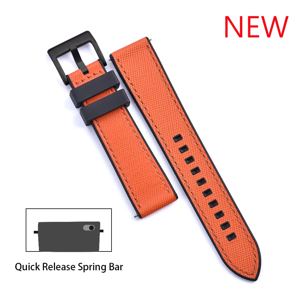 JUELONG New Design FKM Watch Strap 20mm 22mm Quick Release Hybrid Fluoro Rubber Saffiano Leather Watchbands