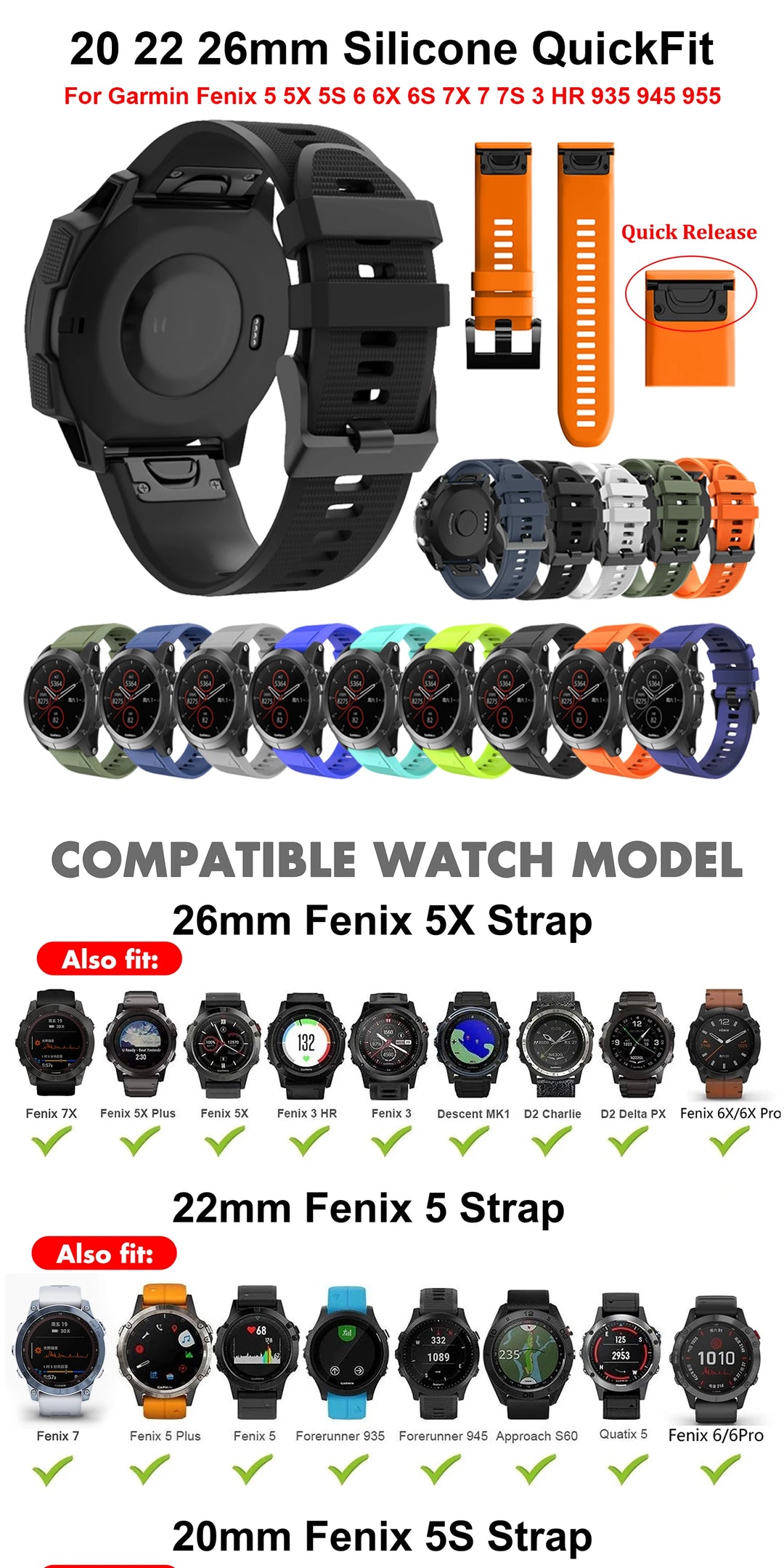 QuickFit Silicone Watch Strap 20/22/26mm for Garmin Fenix & Epix Gen2