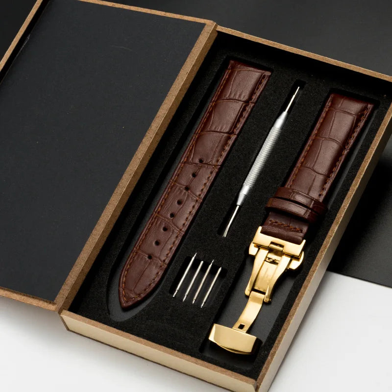 Genuine Leather Watch Band 18–24mm with Wooden Box & Butterfly Clasp