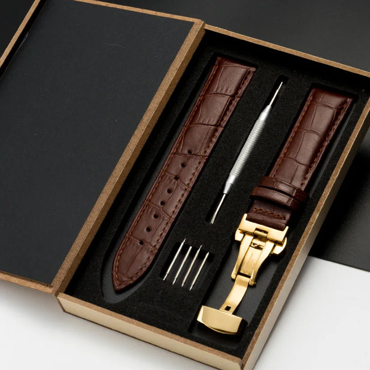 Genuine Leather Watch Band 18–24mm with Wooden Box & Butterfly Clasp