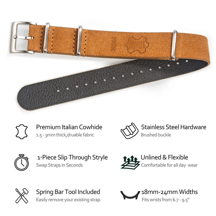 HEMSUT Suede Leather One-Piece Vintage Watch Strap (18-22mm)