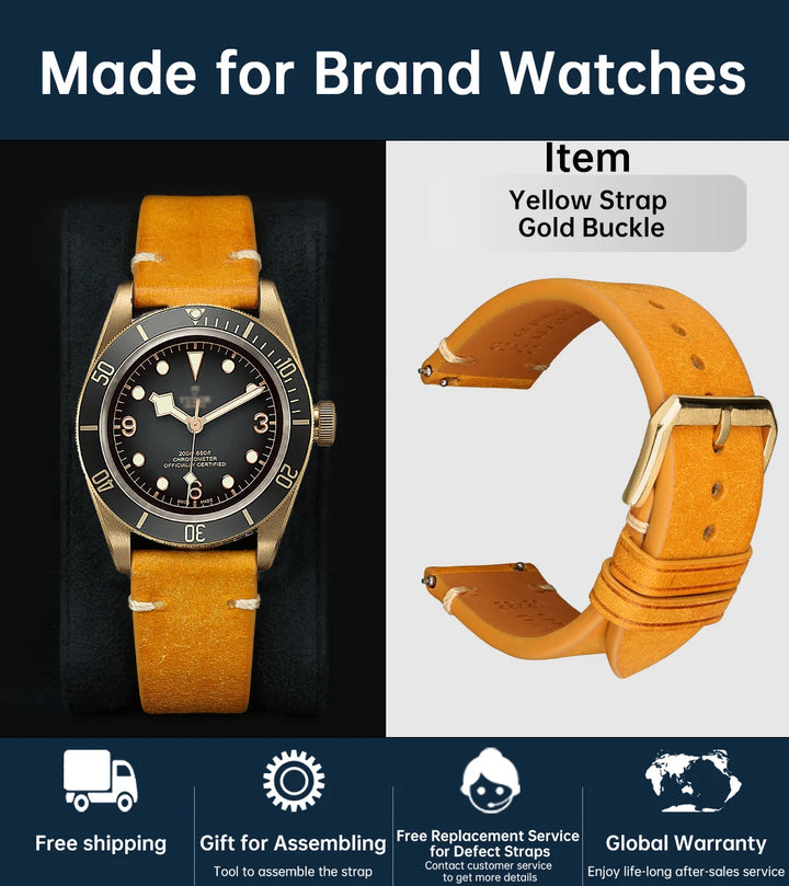 Luxury Italian Vintage Cowhide Leather Strap with Butterfly Buckle