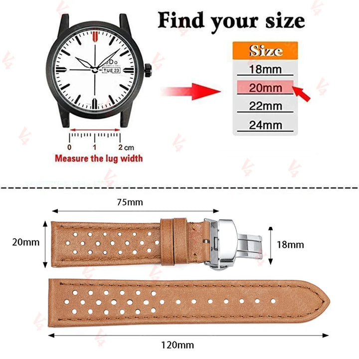 Genuine Cowhide Leather Watch Strap – 18/20/22mm, Vintage, Butterfly Buckle
