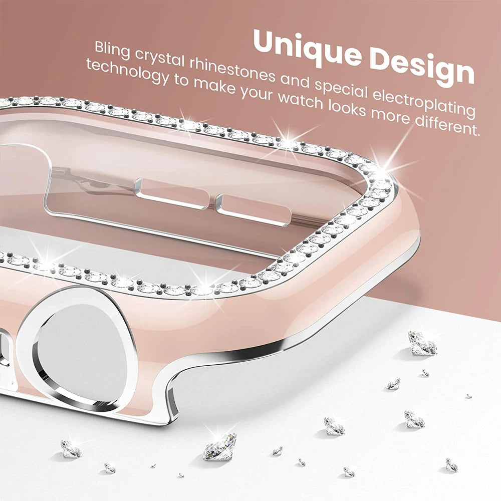 Glass+Cover For Apple Watch Case 45mm 44mm 41mm 40mm 38 42mm Bling Diamond bumper+Screen Protector iwatch series 9 8 7 5 6 4 SE