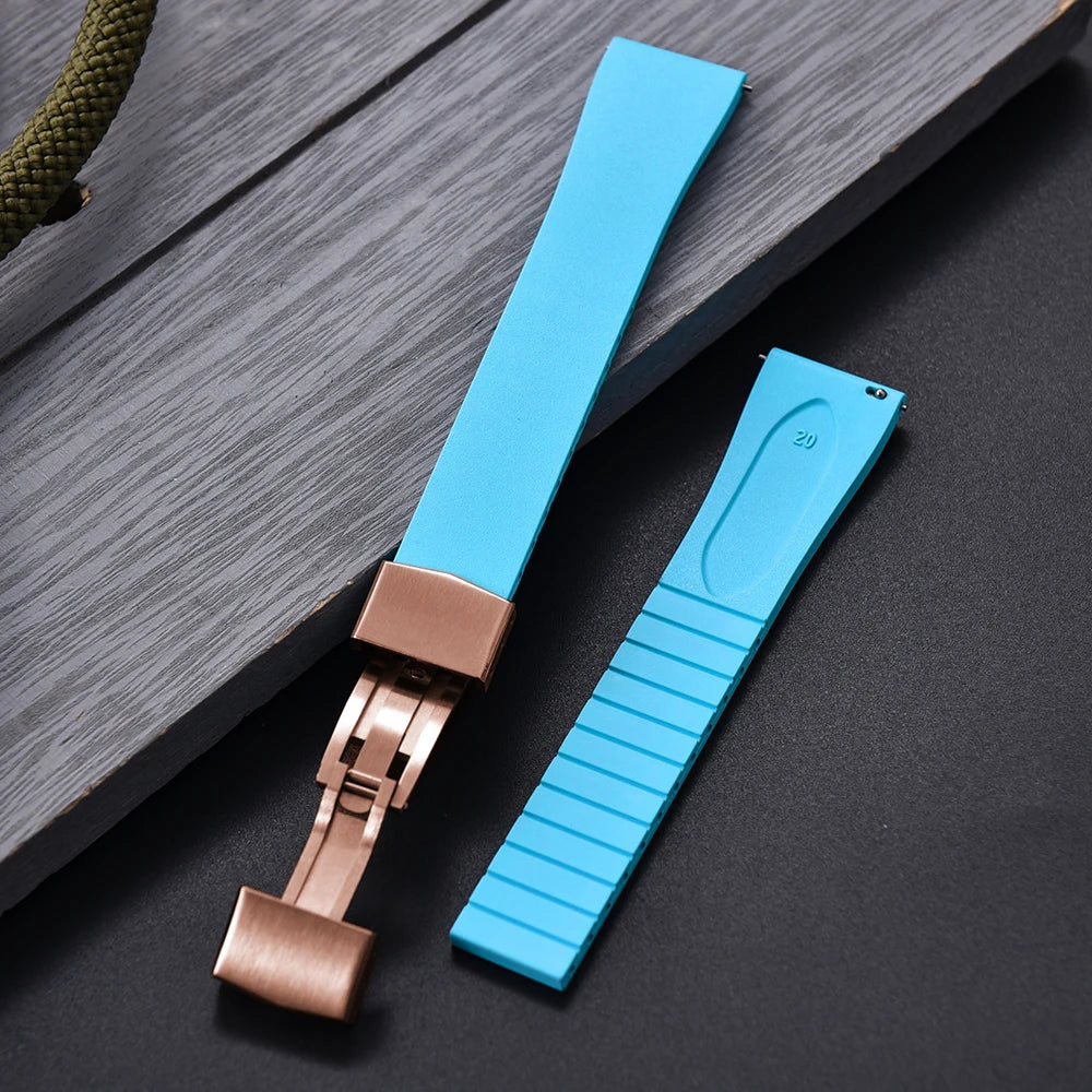 JUELONG CTS FKM Rubber Watch Strap 16–22mm Quick Release with Rose Gold Butterfly Buckle