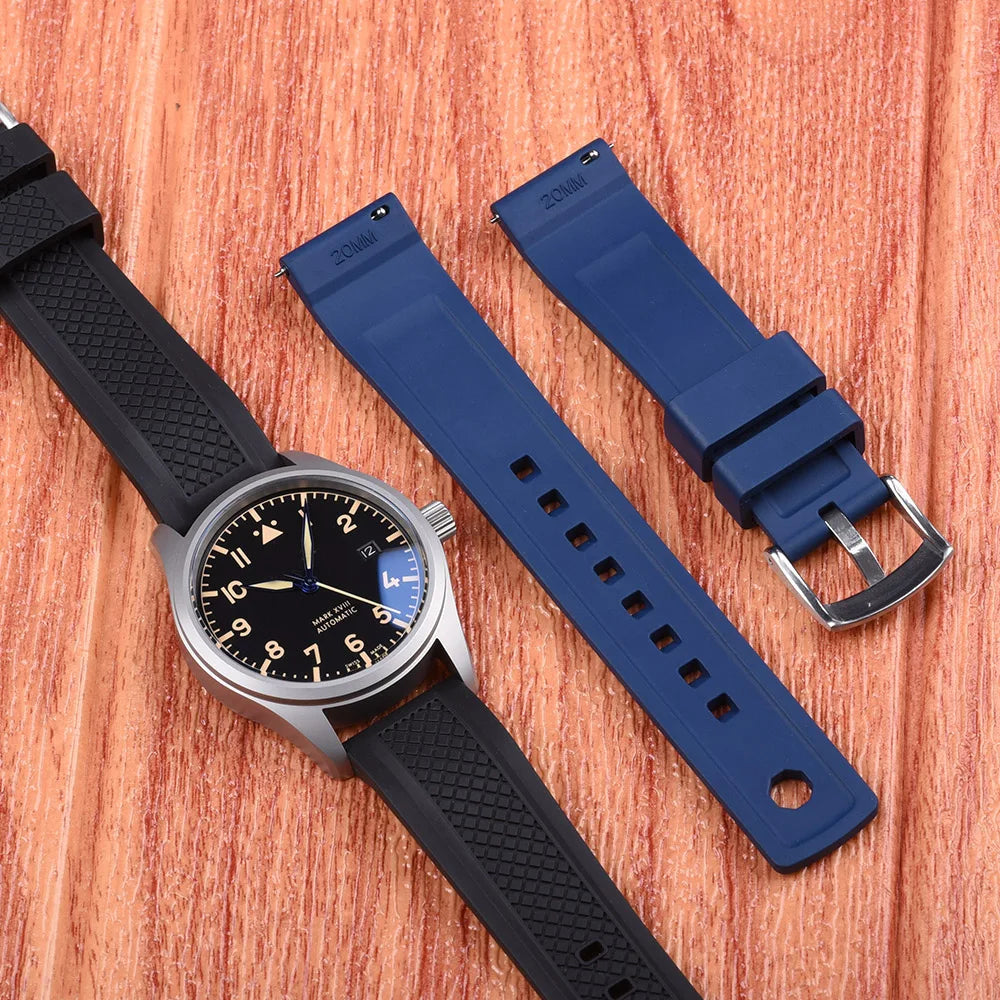 Quality Vulcanized FKM Rubber Watch Strap 20mm 22mm Black Blue Wristband Slide Keeper Ring With Quick Release Sport Watchband