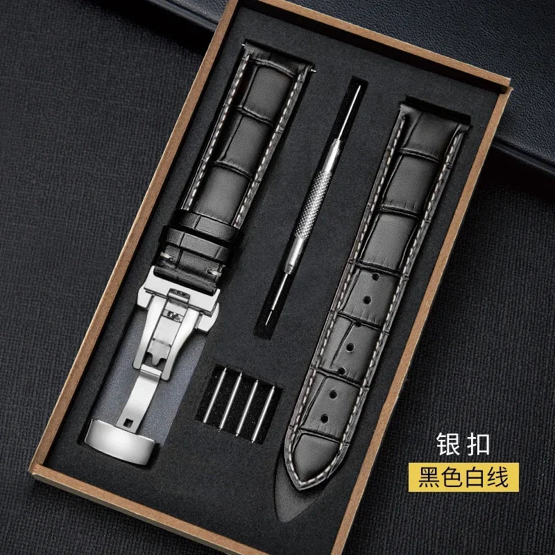Genuine Leather Watch Band 18–24mm with Wooden Box & Butterfly Clasp