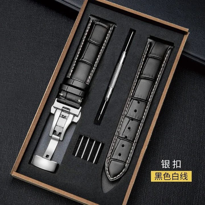 Genuine Leather Watch Band 18–24mm with Wooden Box & Butterfly Clasp