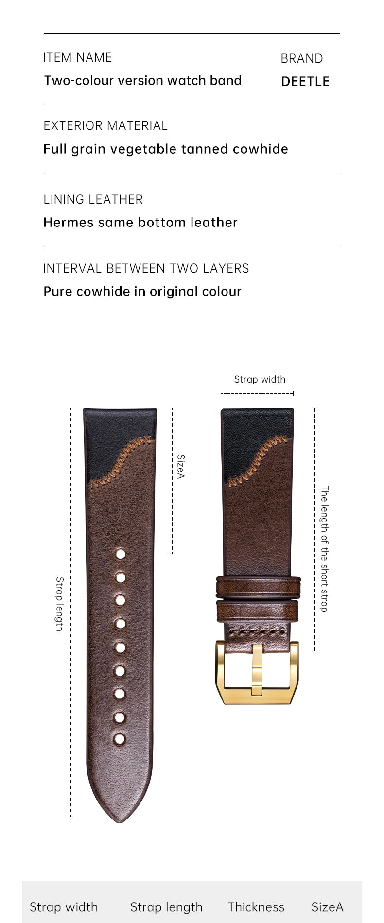 Maikes Handmade New Design Double Color Watch Band, Quick Release, Top Full Grain Leather Strap With Rose Gold Buckle