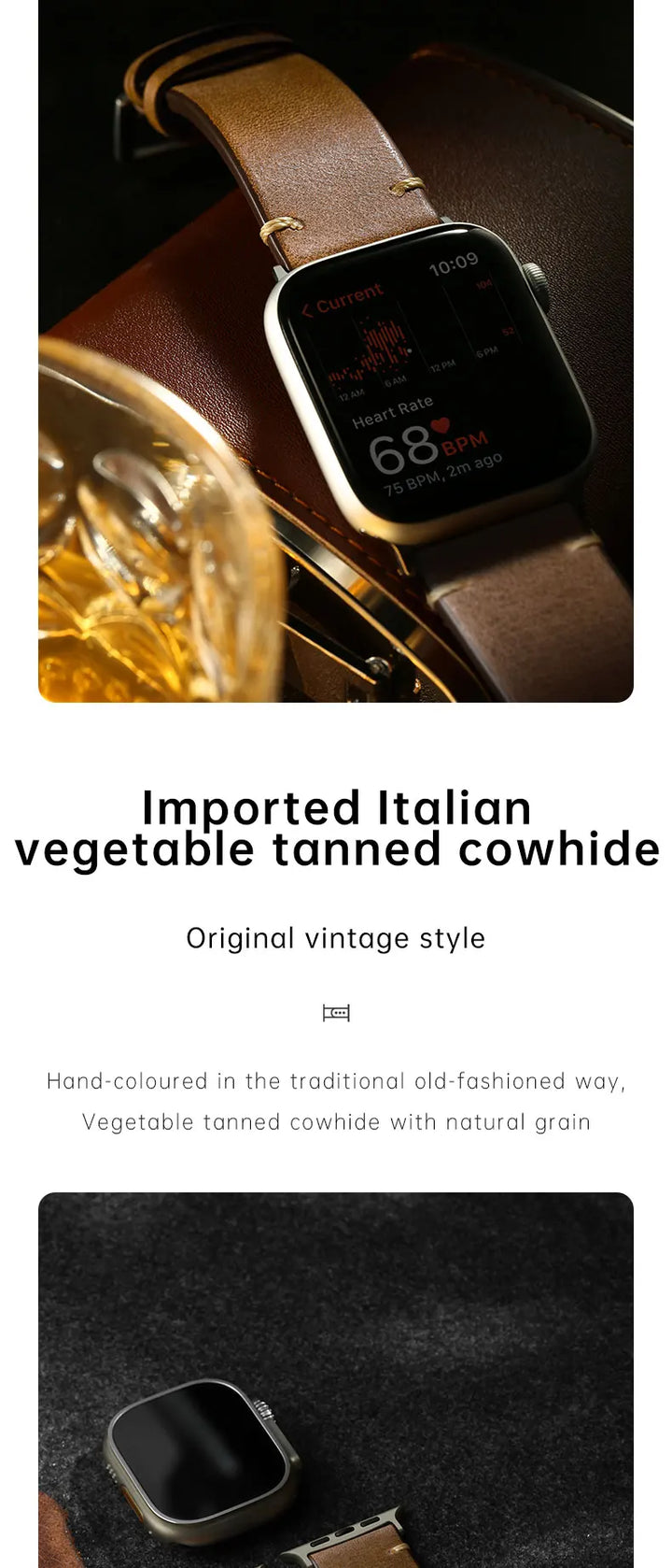 Leather Watch Band for Apple Watch, Ultra 49mm, Series 10 9, 8, 7, SE, 45mm, 44mm, 41mm, 40mm, Vegetable Tanned Leather Strap