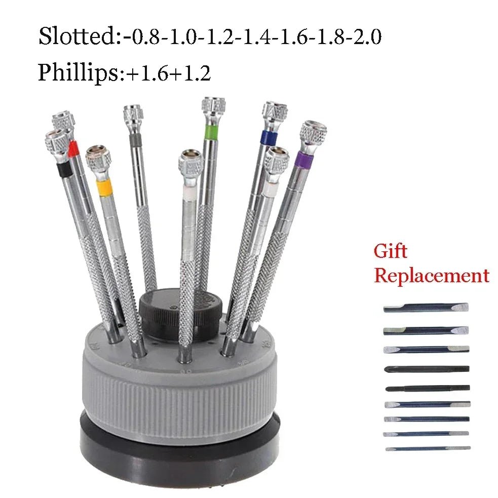 9PCS Watch & Glasses Repair Screwdriver Set with Rotating Base – Steel