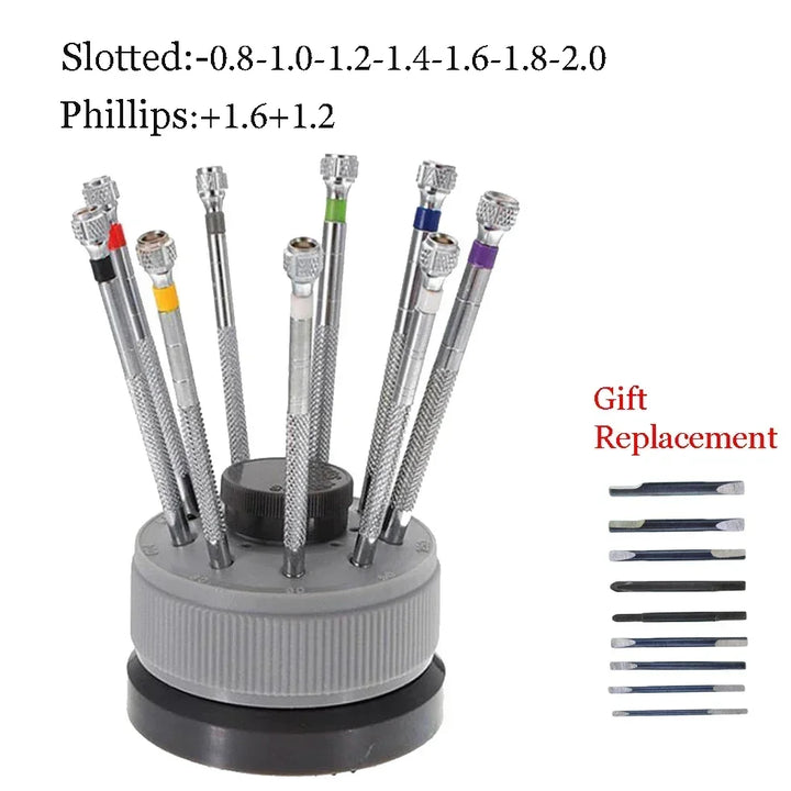 9PCS Watch & Glasses Repair Screwdriver Set with Rotating Base – Steel