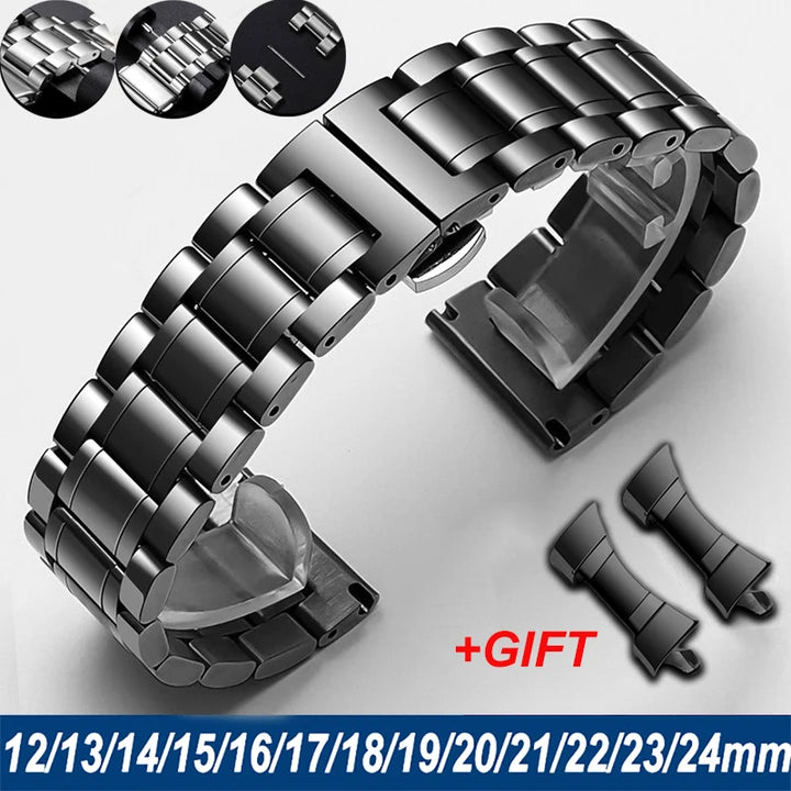 12/13/14/15/16/17/18/19/20/21/22/23/24mm Curved End Universal Strap Solid Stainless Steel Watch Bands for Tissot Butterfly Clasp