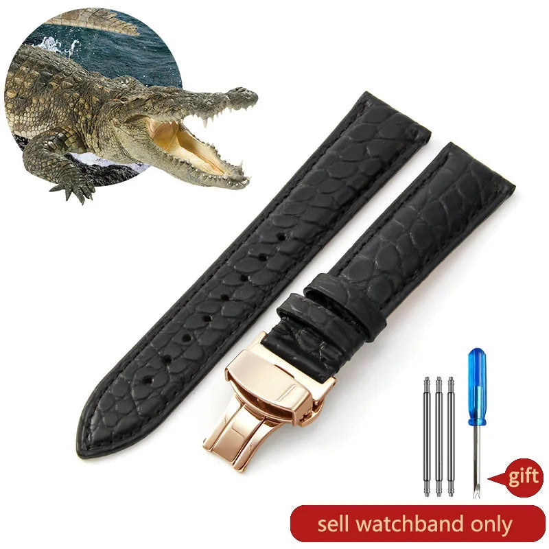 Crocodile Skin Genuine Leather Watch Band with Needle & Butterfly Buckle for