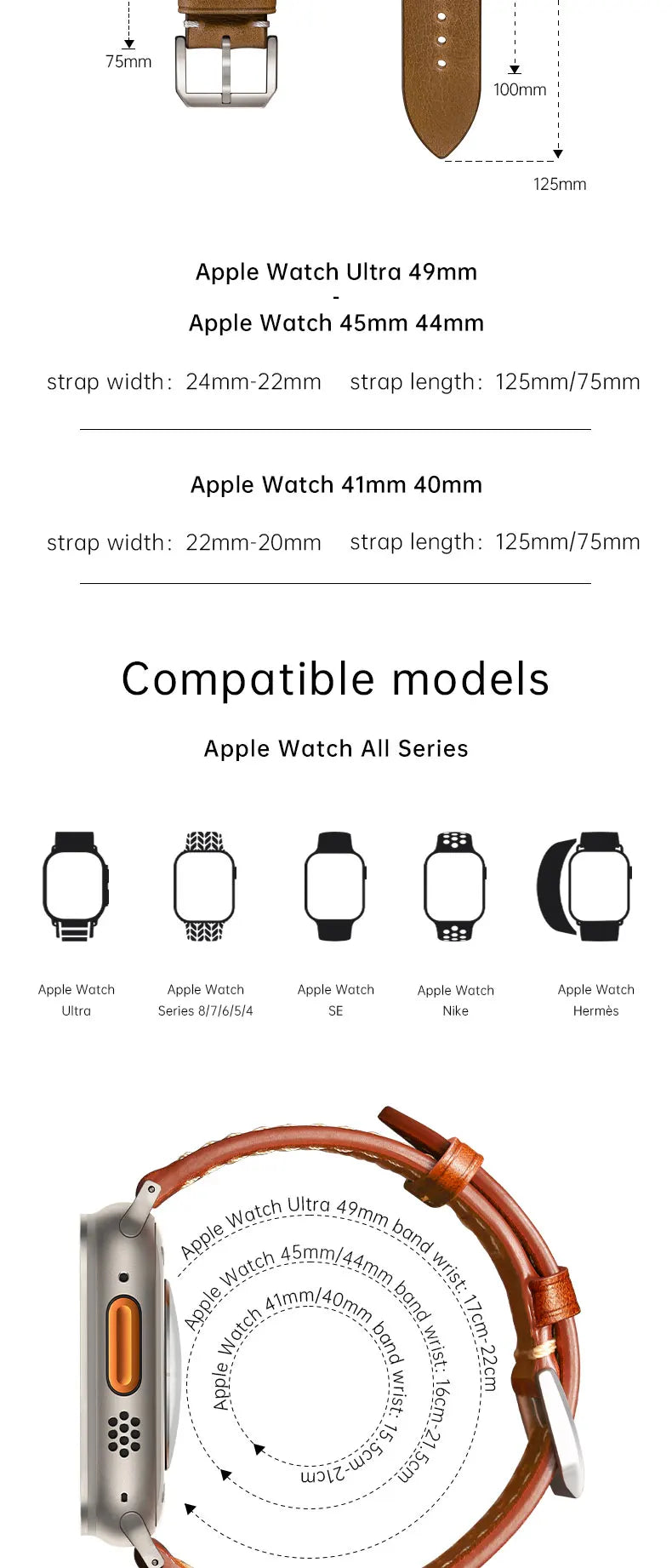 Luxury Leather Watch Strap for Apple Watch, Ultra 49mm, Series 10, 9, 8, 7, 6, SE, 45mm, 44mm, 41mm, 40mm, Leather Watch Band