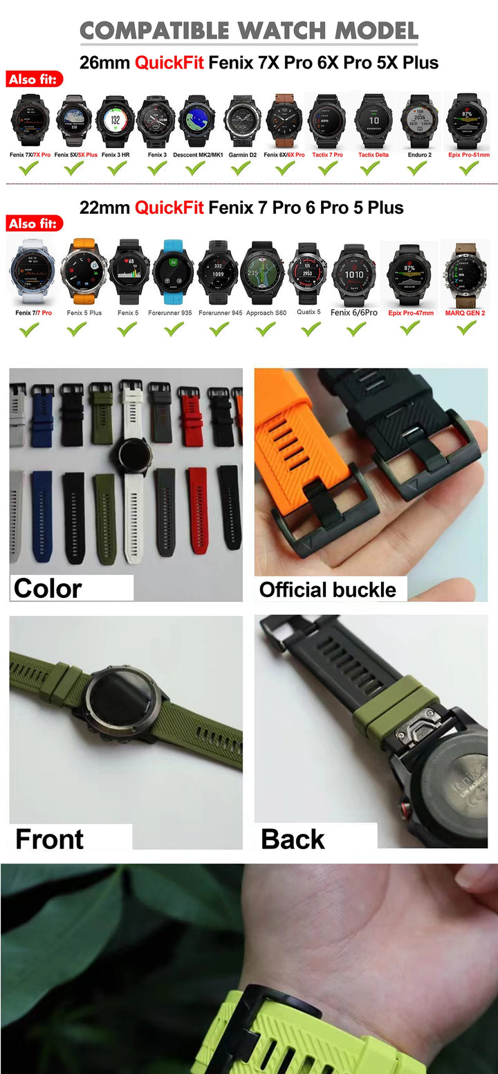 QuickFit Silicone Watch Strap 22/26mm for Garmin Fenix, MARQ, Epix & D2 Series