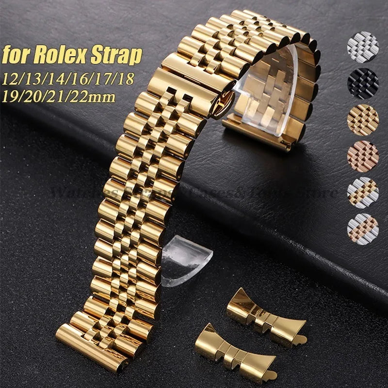 Solid Stainless Steel Watch Band 12–22mm for Rolex (Flat & Curved Ends)