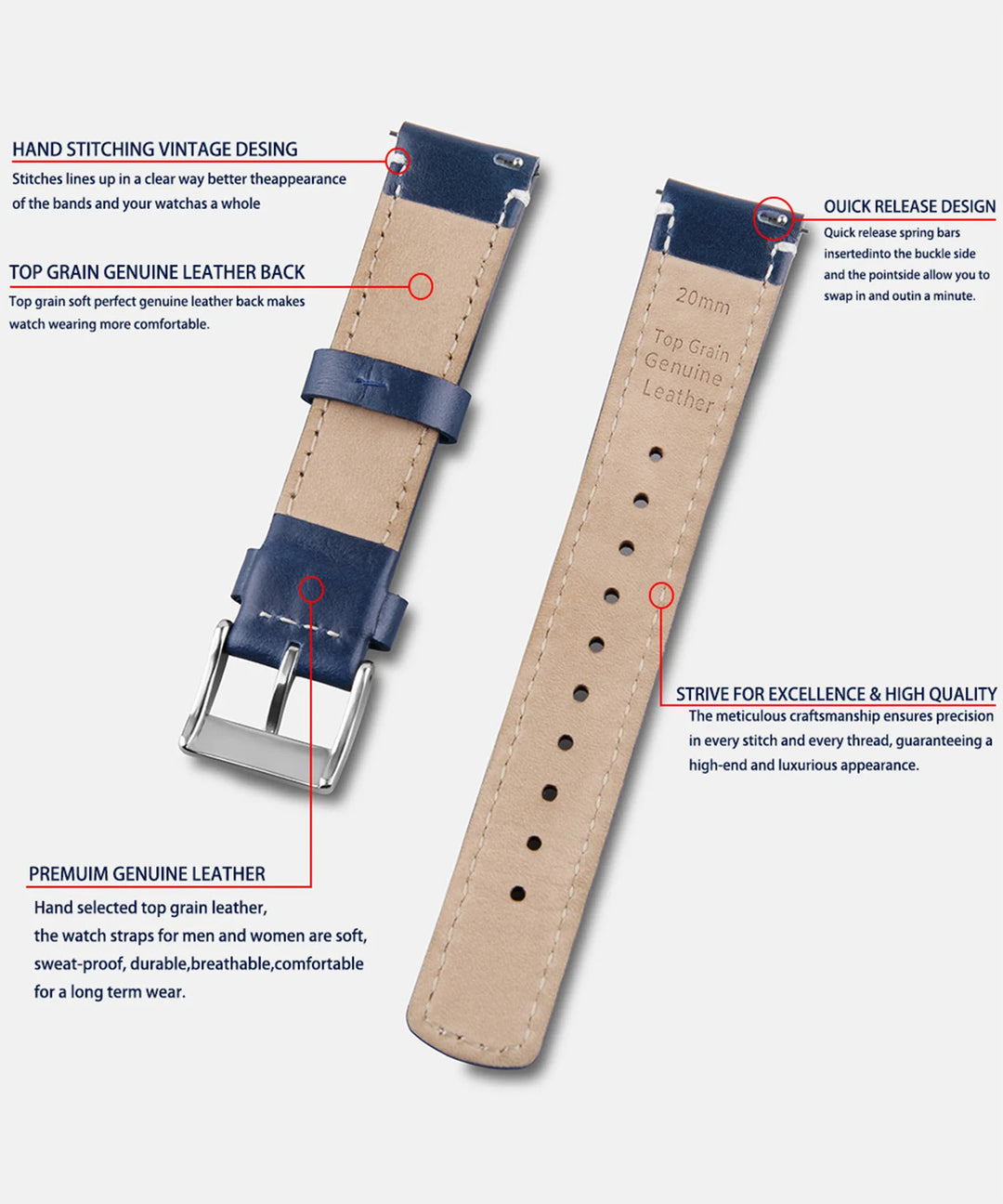 Top Grain Genuine Leather Quick Release Watch Band 20–22mm for Samsung Galaxy Watch