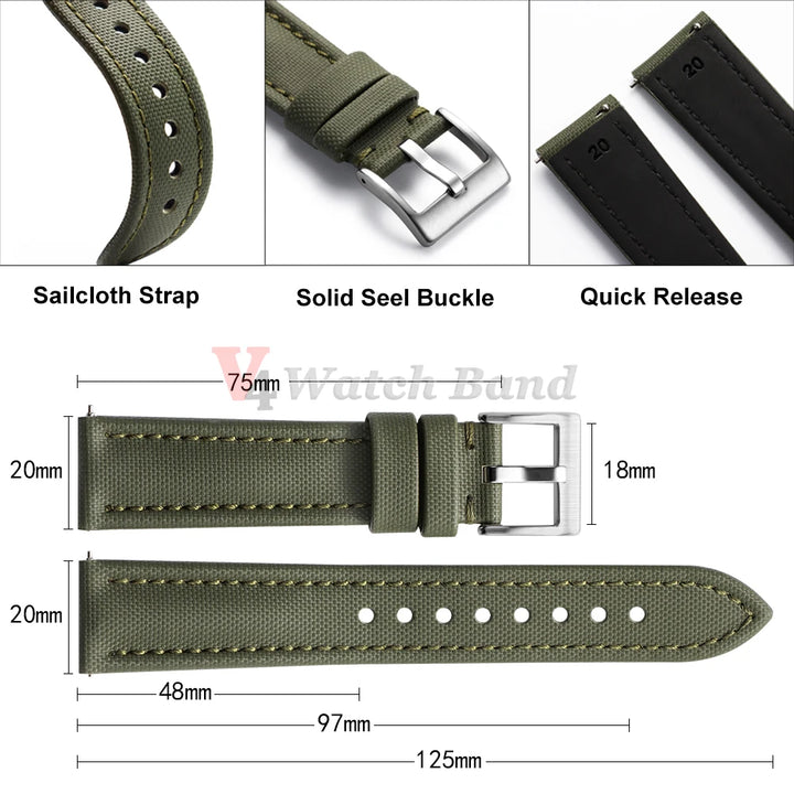 Genuine Sailcloth Watch Band Premium Sailcloth Strap 18mm 19mm 21mm Waterproof Nylon Quick Release Bracelet 20mm 22mm Wristbelt