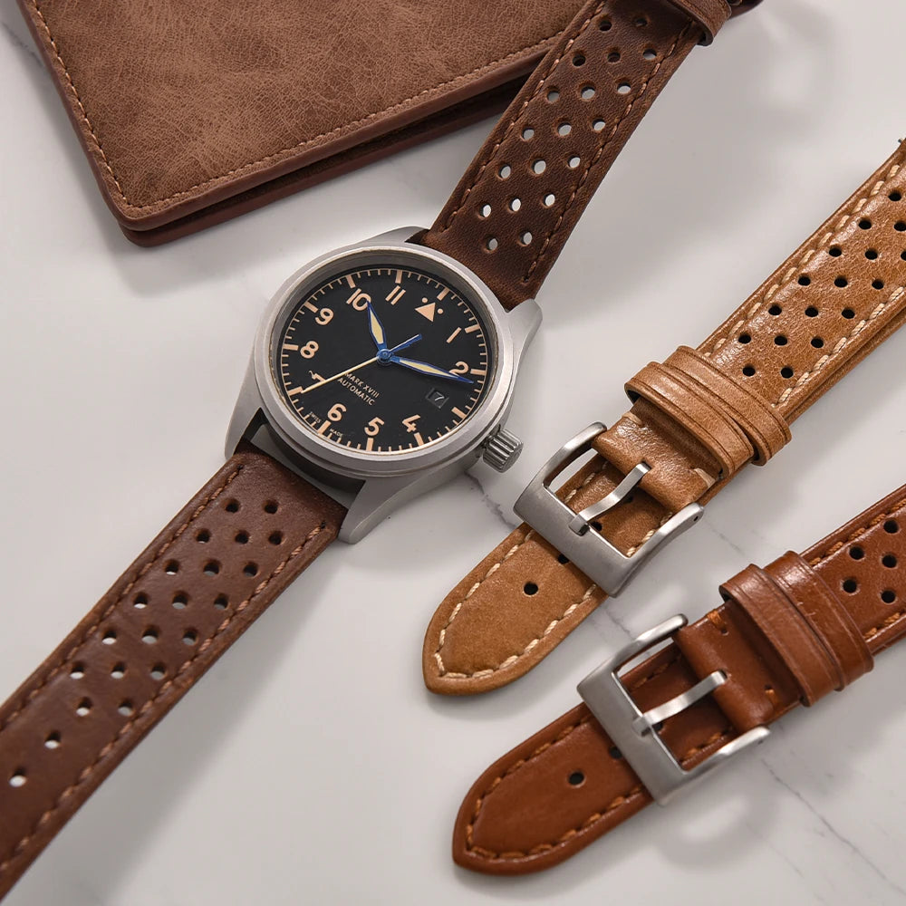 Breathable Leather Watch Strap 18-22mm Quick Release for Omega, Seiko