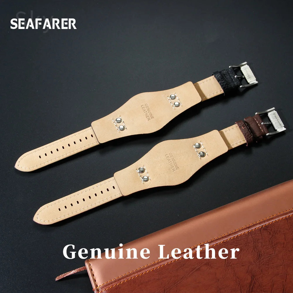 Genuine Leather Watch Strap for Fossil 22mm – Black & Brown, Rivet Style