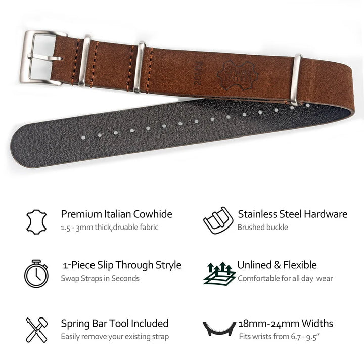 HEMSUT Genuine Suede Leather One-Piece Watch Strap 18-22mm Vintage Military Style