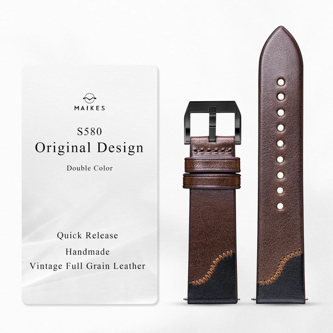 Luxury Design Bicolor Handmade Stitching Watch Strap Quick Release Watch Accessories Full Grain Leather Watch Band