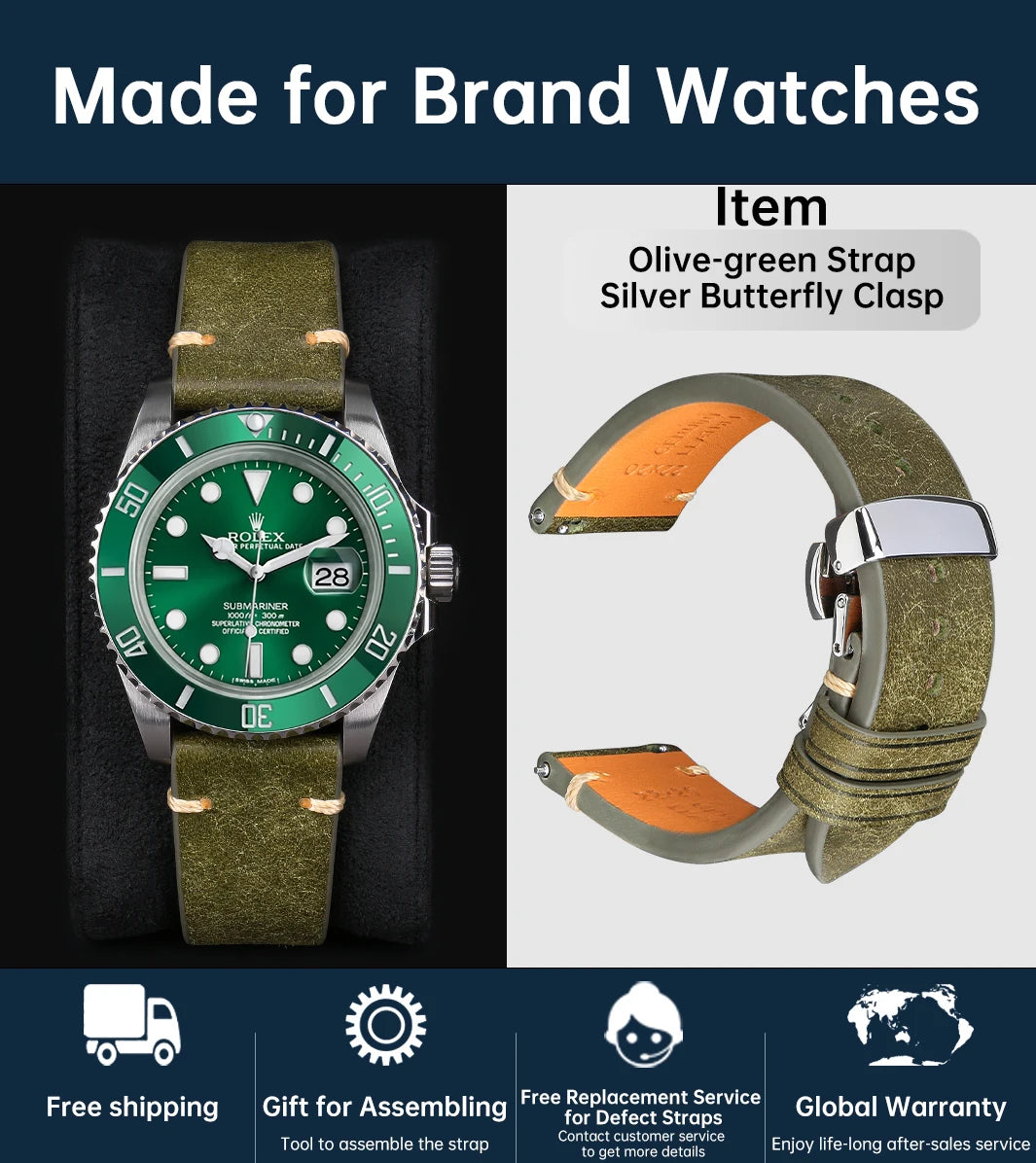 Luxury Quick Release Watchband Accessories For OMEGA Breitling Oris Bracelet Handmade Italian Pueblo Cow Leather Watch Strap