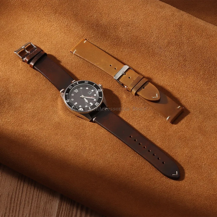 Title: Vintage Oil Wax Leather Watch Band 18–22mm (Quick Release, Unisex)