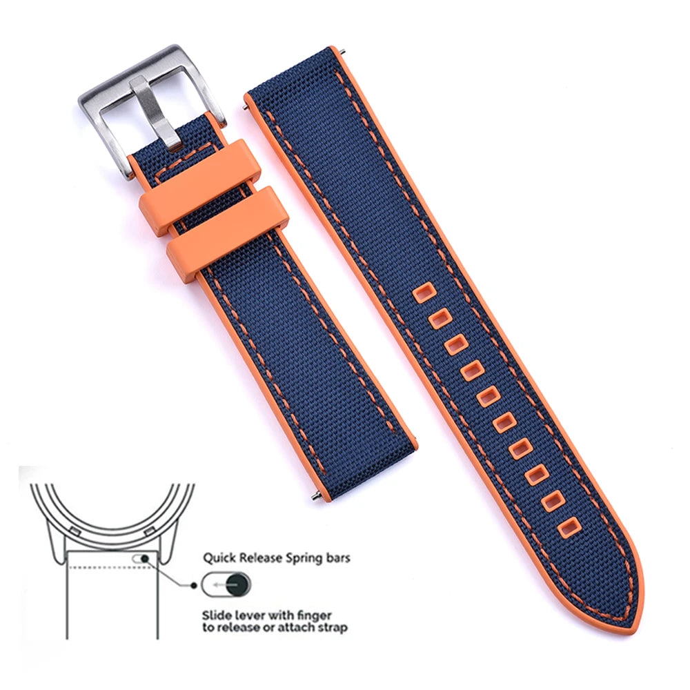 New Design Hybrid FKM Watch Strap 20mm 22mm Fluoro Rubber Canvas Nylon Watchbands Quick Release For Each Brand Diving Watches