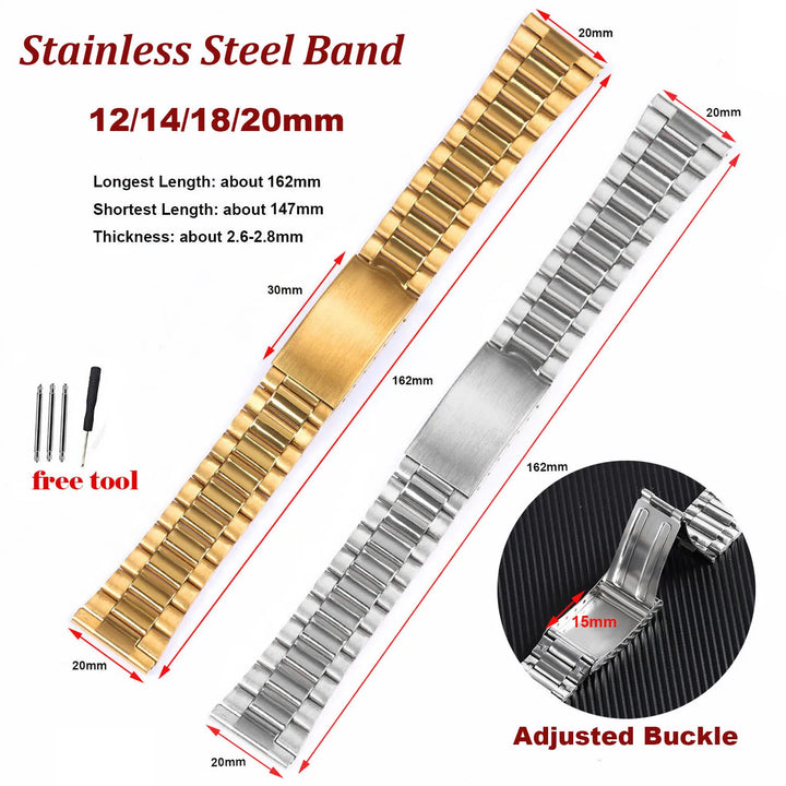 Stainless Steel Watch Strap – 12–20mm, Folding Buckle, Silver & Gold