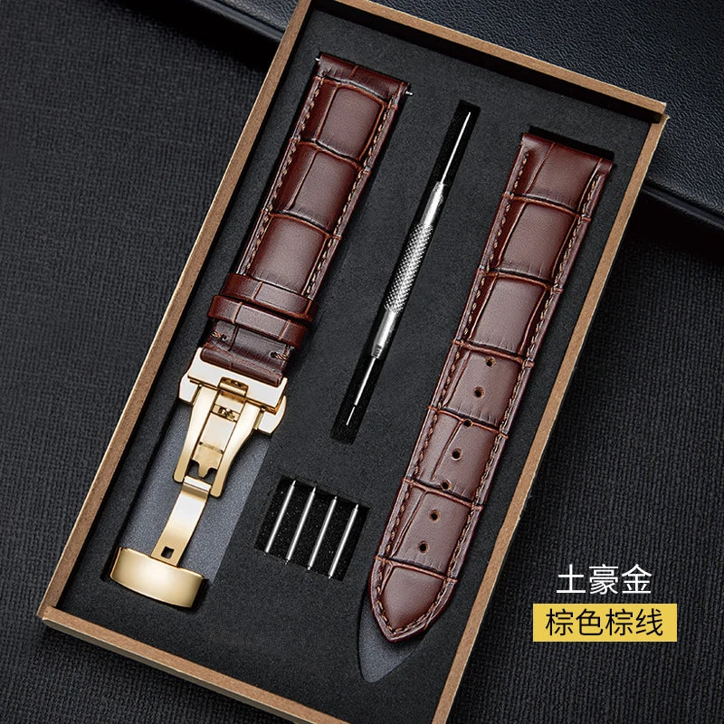 Genuine Leather Watch Band 18–24mm with Wooden Box & Butterfly Clasp