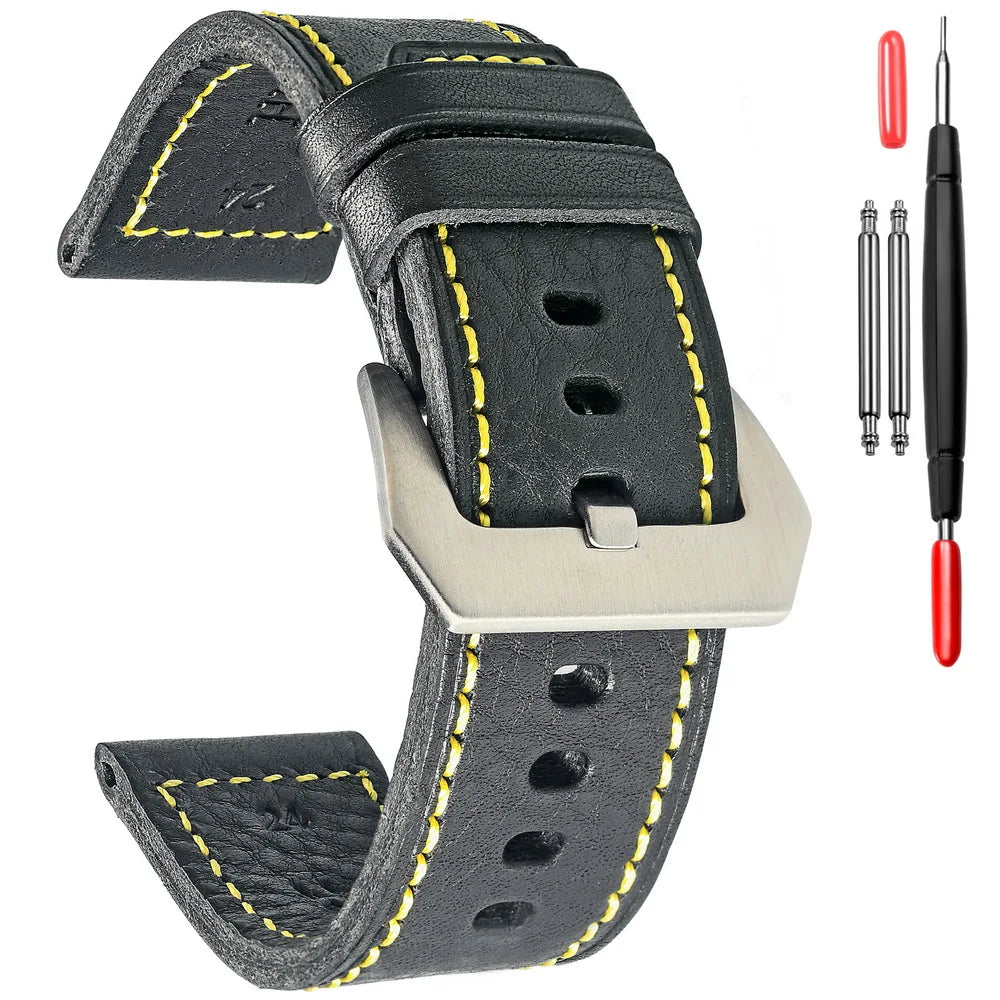 HEMSUT Genuine Leather Watch Strap – Retro Handmade Cowhide (20-26mm)