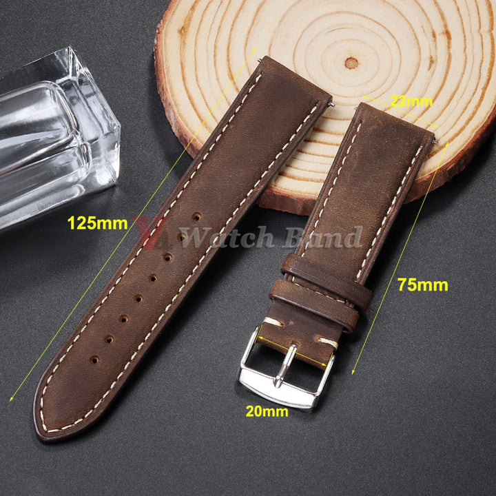 Vintage Dark Brown Cowhide Leather Watch Strap (14–24mm, Quick Release)