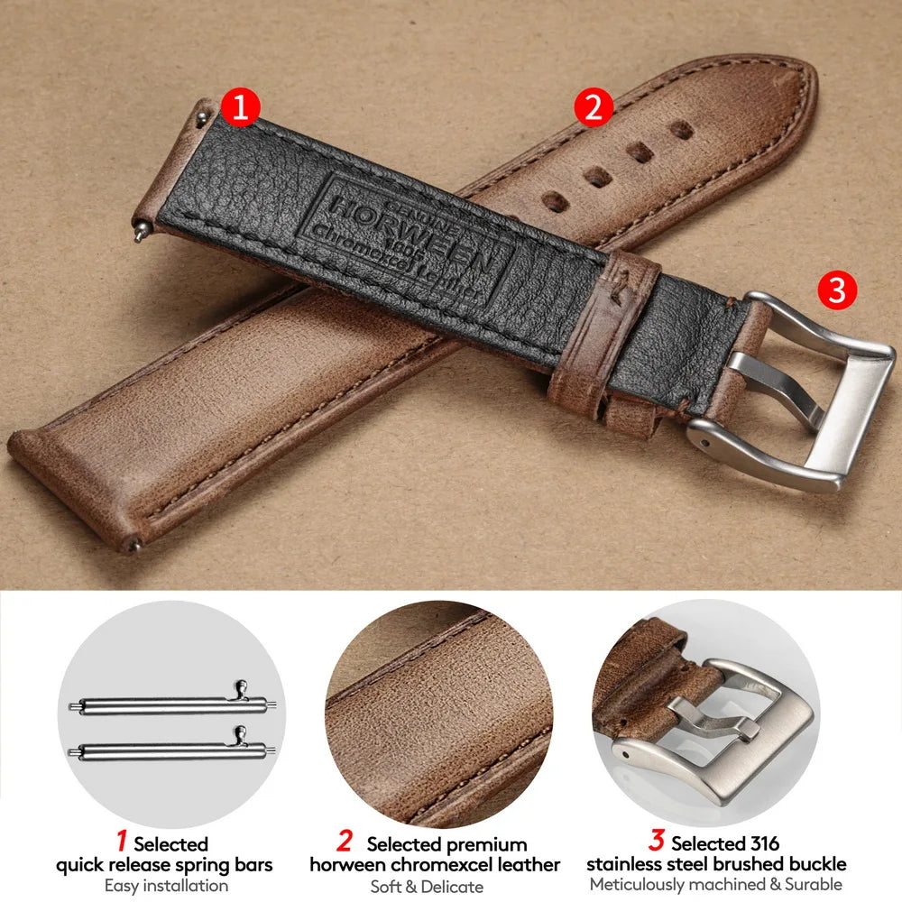 Hemsut Genuine Leather Watch Bands Quick Release Handmade HORWEEN Cowhide Leather Wrist Straps 18mm 19mm 20mm 21mm 22mm