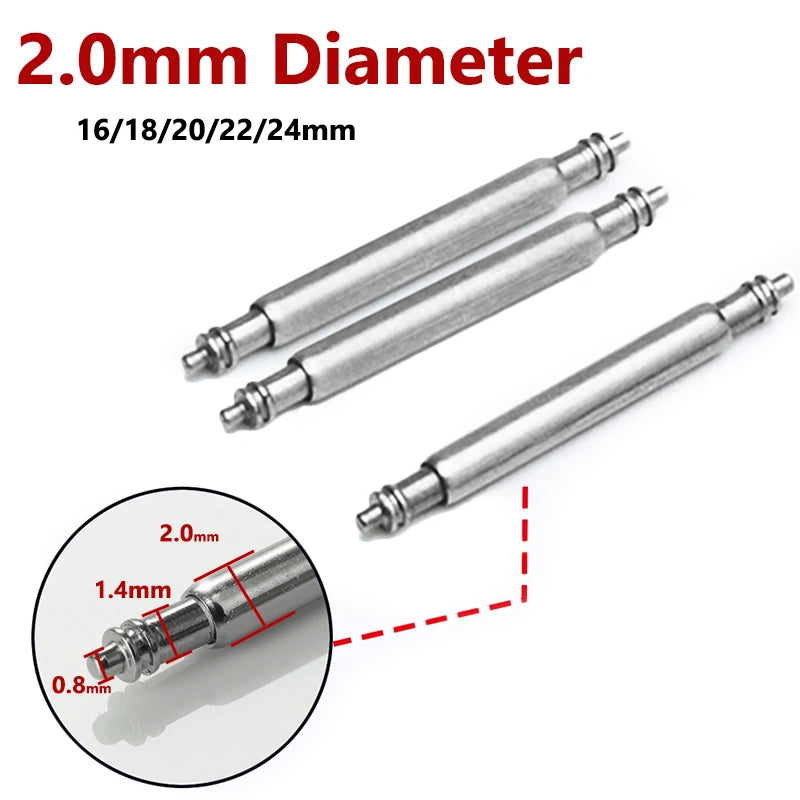 Stainless Steel Spring Bar Pins for Watch Bands (16–24mm, 2mm)