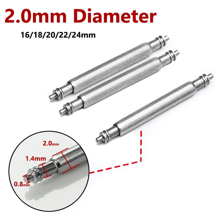 Stainless Steel Spring Bar Pins for Watch Bands (16–24mm, 2mm)
